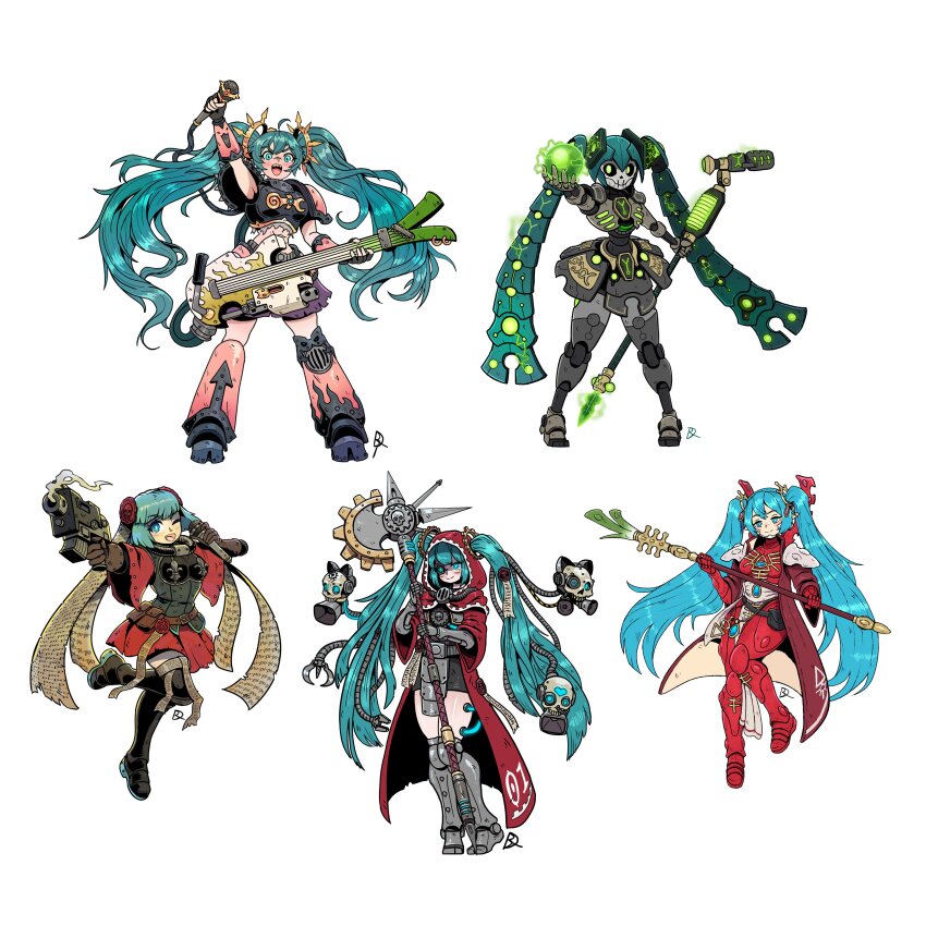 5girls :d ;d absurdres adepta_sororitas adeptus_astartes adeptus_mechanicus aqua_eyes aqua_hair arm_up armor armpits bolter chaos_space_marine closed_mouth commentary eldar emperor&#039;s_children english_commentary fleur-de-lis full_body guitar gun hatsune_miku highres holding holding_guitar holding_gun holding_instrument holding_microphone holding_microphone_stand holding_staff holding_weapon instrument kabewski long_hair looking_at_viewer microphone microphone_stand miku_day multiple_girls multiple_persona necron one_eye_closed open_mouth red_robe robe servo-skull simple_background smile staff tareme twintails very_long_hair vocaloid warhammer_40k weapon white_background