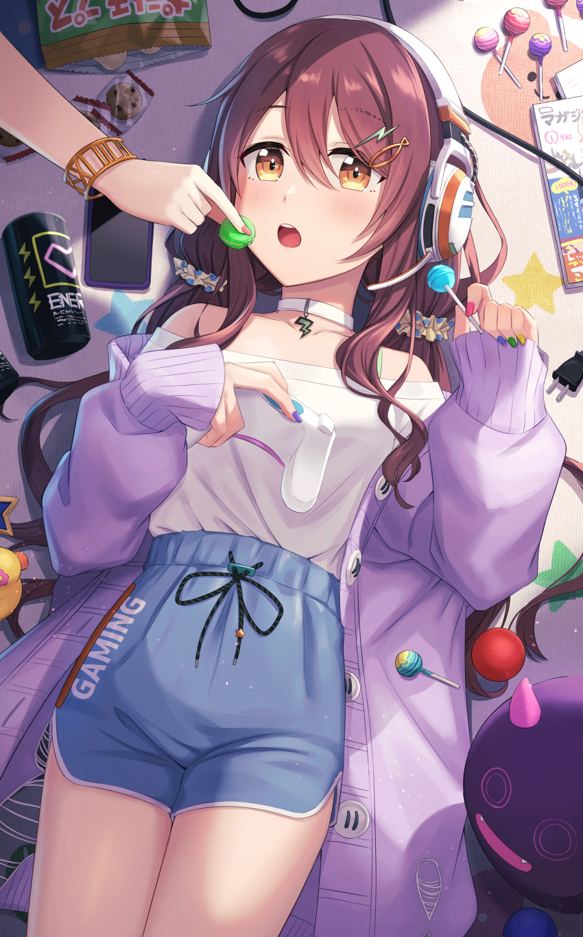 2girls :o absurdres blue_nails blue_shorts breasts brown_hair candy cardigan cardigan_partially_removed chips_(food) choker chupa_chups collarbone commentary_request cookie cowboy_shot dolphin_shorts energy_drink feeding fish_hair_ornament food green_nails hair_between_eyes hair_ornament headphones headset highres holding holding_candy holding_food holding_lollipop idolmaster idolmaster_shiny_colors kurageso light_particles lightning_bolt lightning_bolt_choker lightning_bolt_hair_ornament lightning_bolt_symbol lollipop long_hair long_sidelocks long_sleeves looking_at_viewer low_twintails lying macaron medium_breasts multicolored_nails multiple_girls off-shoulder_shirt off_shoulder on_back open_cardigan open_clothes open_mouth osaki_amana osaki_tenka out_of_frame pink_nails potato_chips purple_cardigan shirt short_shorts shorts sidelocks sleeves_past_wrists solo_focus swept_bangs teeth twintails upper_teeth_only very_long_hair white_choker white_headphones white_shirt wrapped_lollipop yellow_eyes yellow_nails