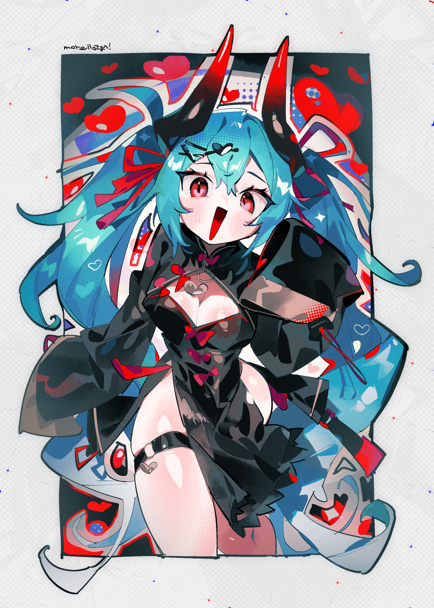 1girl :d absurdres bare_legs black_horns blue_hair blush borrowed_character bow bowtie breasts china_dress chinese_clothes cleavage cleavage_cutout clothing_cutout commissioner_name cowboy_shot double-parted_bangs dress dress_bow gradient_horns hair_ornament hair_ribbon halftone hand_up heart heart_hair_ornament heart_pendant highres horns jewelry long_hair looking_at_viewer mandarin_collar medium_breasts morello_(morellostorment) multicolored_horns o-ring o-ring_thigh_strap open_mouth original outside_border pale_skin pendant petite red_bow red_bowtie red_eyes red_horns red_ribbon revealing_clothes ribbon ringing_artifacts second-party_source sleeves_past_fingers sleeves_past_wrists smile solo suzuka_g thigh_strap thighs twintails vertical_mouth very_long_hair wide_sleeves x_hair_ornament