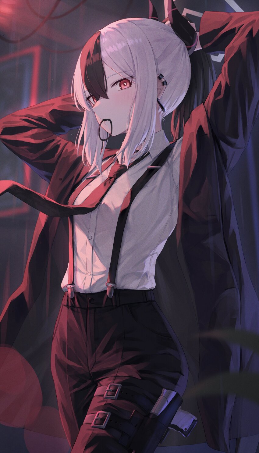 1girl absurdres alternate_costume arms_behind_head black_hair black_horns black_pants black_suit blue_archive blush breasts bright_pupils collared_shirt commentary_request cowboy_shot demon_girl demon_horns dress_shirt earclip earrings eyelashes formal_clothes grey_halo hair_tie_in_mouth halo highres horns huran_tea jewelry kayoko_(blue_archive) long_sleeves looking_at_viewer medium_hair mouth_hold multicolored_hair pants ponytail red_eyes shirt sidelighting sidelocks small_breasts solo suit suspender_pants suspenders tsurime two-tone_hair white_hair white_pupils white_shirt