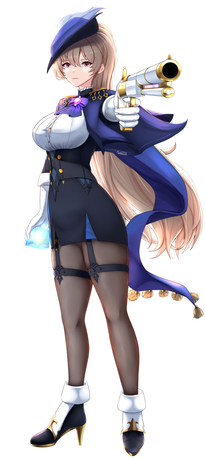 1girl absurdres azur_lane black_corset black_footwear blue_cape brown_hair brown_pantyhose cape clorinde_(genshin_impact) clorinde_(genshin_impact)_(cosplay) corset cosplay epaulettes framed_breasts full_body genshin_impact gloves gun hat highres holding holding_gun holding_weapon jean_bart_(azur_lane) long_hair looking_at_viewer musanix pantyhose purple_hat red_eyes simple_background solo tricorne very_long_hair weapon white_background white_gloves