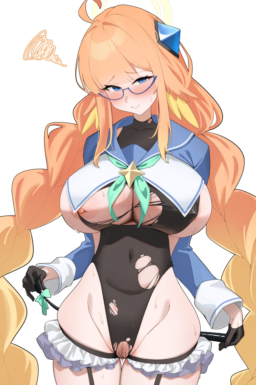 1girl absurdres ahoge black_gloves black_leotard blue_archive blue_eyes blush breasts covered_navel curvy female_pubic_hair glasses gloves highres large_breasts leotard long_hair long_sleeves looking_at_viewer nipples orange_hair pubic_hair shimiko_(blue_archive) shinroji simple_background solo sweat torn_clothes torn_leotard white_background