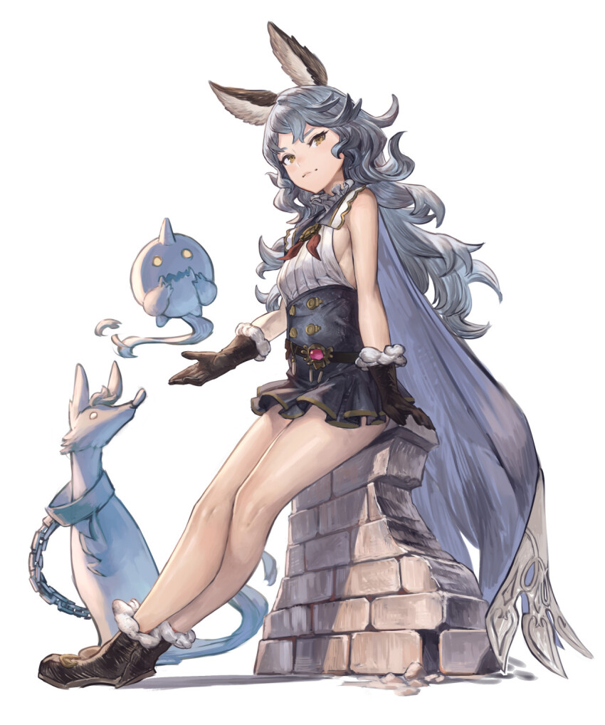 1girl animal_ears blue_hair boots breasts brown_eyes commentary creature dress erune ferry_(granblue_fantasy) full_body gloves granblue_fantasy highres konoike_(pepe_expect) long_hair sitting small_breasts smile wavy_hair