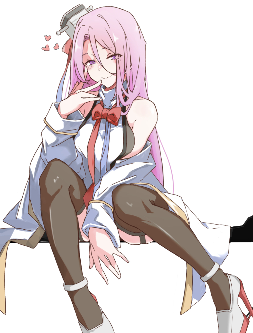 1girl azur_lane black_thighhighs blush bu4321 garter_straps hair_between_eyes headgear heart high_heels highres jacket lexington_(azur_lane) long_hair long_sleeves off_shoulder pink_hair purple_eyes red_neckwear simple_background sitting smile solo thighhighs white_background white_jacket