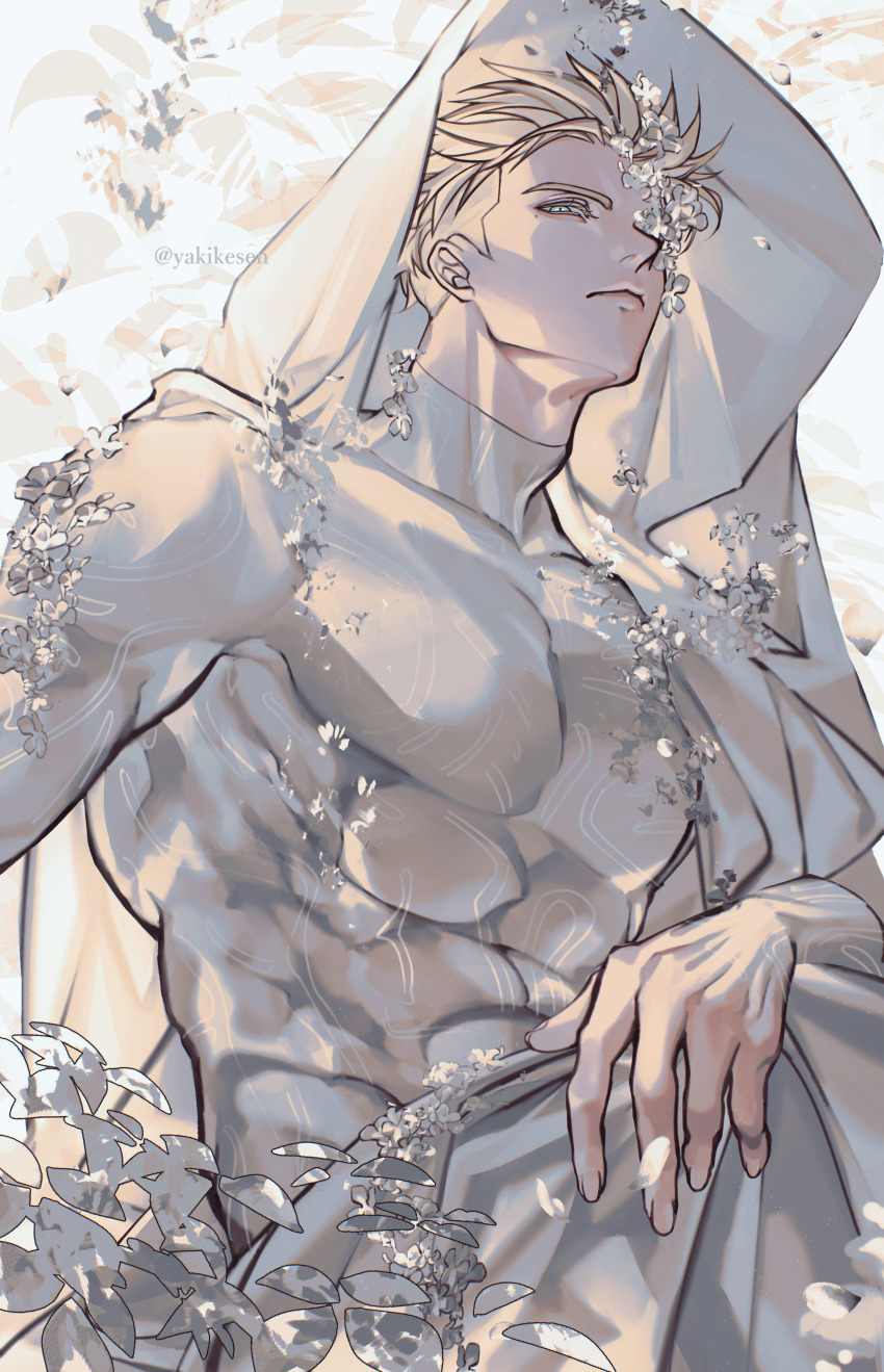1boy absurdres adam&#039;s_apple bara closed_mouth eyelashes fingernails grey_eyes highres hood hood_up looking_at_viewer male_focus millions_knives muscular muscular_male one_eye_covered pectorals sitting solo toned toned_male trigun trigun_stampede white_theme yakikesen