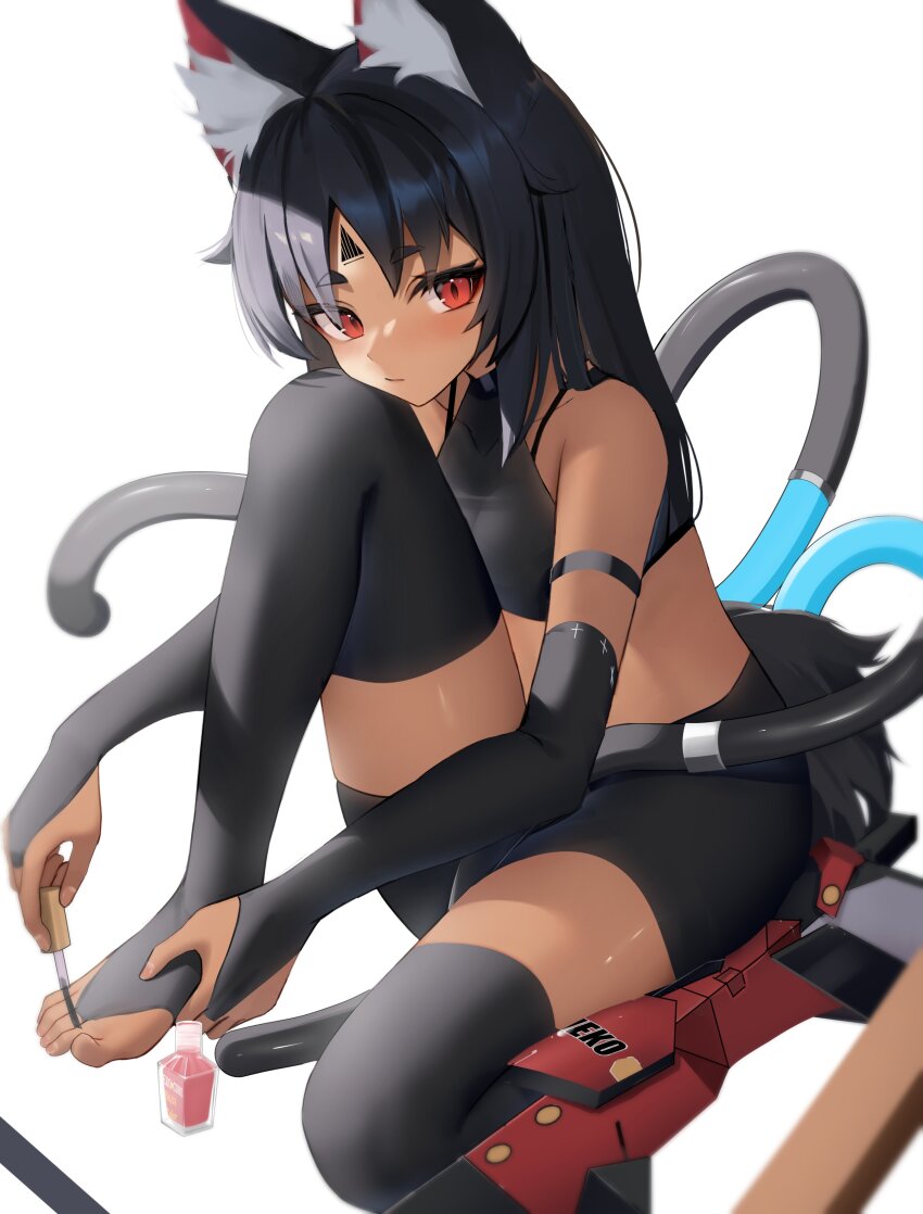 1girl absurdres animal_ears applying_pedicure black_hair cable cable_tail cat_ears dark_skin facial_mark feet forehead_mark highres holding_own_foot long_hair looking_at_viewer mechanical_tail nail_polish nekomiya_mana painting_toenails red_eyes simple_background solo tail thomas_8000 toeless_legwear white_background zenless_zone_zero