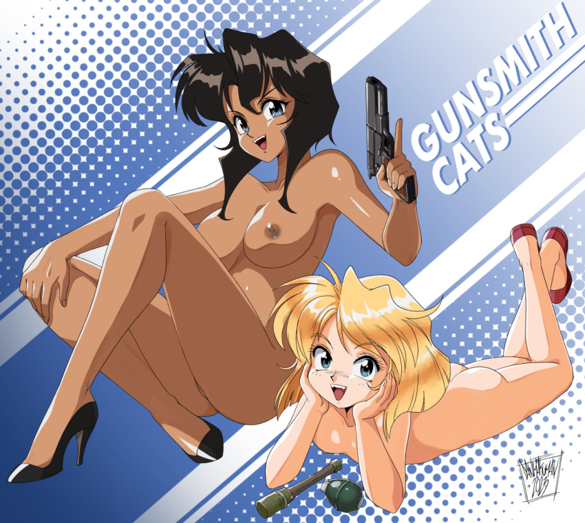 1990s_(style) 2023 2girls artist_name ass ben-day_dots black_footwear black_hair blonde_hair blue_eyes breasts cleft_of_venus copyright_name cz_75 danmakuman dark-skinned_female dark_skin dated explosive female_focus grenade gun gunsmith_cats handgun high_heels holding holding_gun holding_weapon lying m26_grenade minnie_may_hopkins multiple_girls nipples nude on_stomach open_mouth pussy rally_vincent red_footwear retro_artstyle screentones signature small_breasts stielhandgranate trigger_discipline uncensored weapon