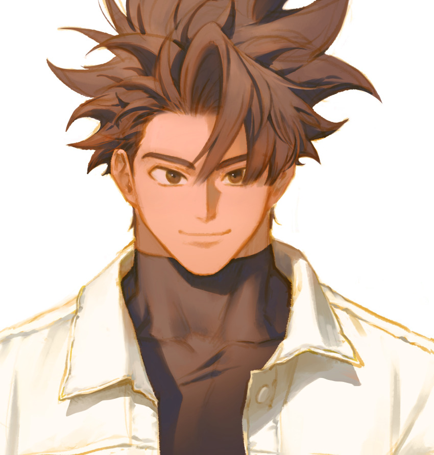 1boy black_eyes black_shirt brown_hair closed_mouth commentary_request dragon_ball dragon_ball_xenoverse highres hyong311 jacket korean_commentary looking_at_viewer male_focus mirai_senshi muscular muscular_male reta_(hyong311) shirt short_hair smile solo spiked_hair turtleneck upper_body white_background white_jacket