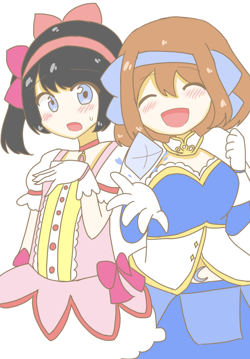 2girls black_hair blue_eyes breasts brown_hair closed_eyes cosplay gloves hair_ribbon happy heart highres kaname_madoka large_breasts legs looking_at_viewer magical_girl medium_breasts midriff miki_sayaka multiple_girls nakoruru navel open_mouth panties pulling_another&#039;s_clothes ribbon rimururu samurai_spirits short_hair siblings sisters small_breasts smile snk thighs tongue twintails underwear
