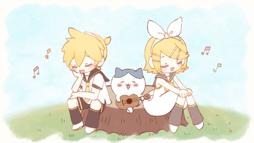 1boy 1girl 1other black_sailor_collar black_shorts blonde_hair blue_sky blush bow bow_hairband cat chiikawa closed_eyes day dress eob eyelashes full_body guitar hachiware_(chiikawa) hair_ornament hairband hairpin hand_on_own_knee happy head_rest highres holding holding_guitar holding_instrument instrument kagamine_len kagamine_rin medium_hair music musical_note neckerchief necktie open_mouth outdoors playing_guitar playing_instrument sailor_collar shoes shorts singing sitting sky socks spoken_musical_note vocaloid white_bow white_dress white_hairband white_shoes yellow_neckerchief yellow_necktie