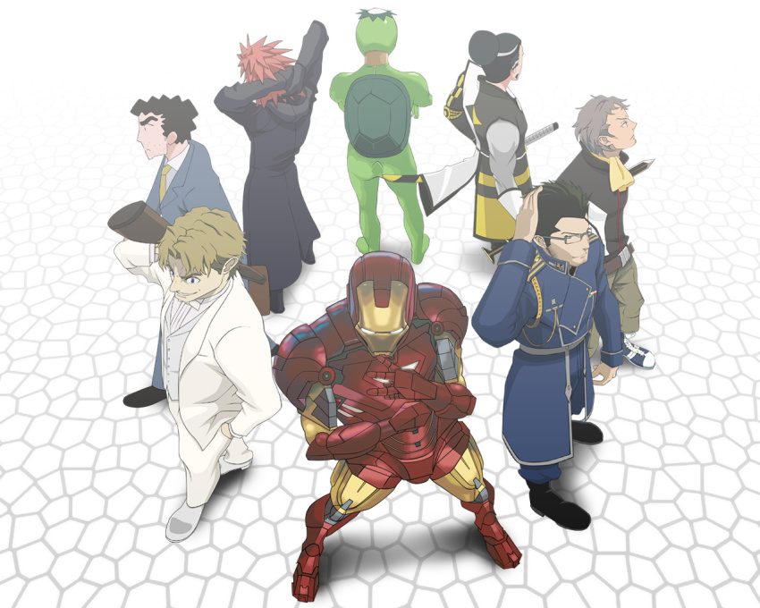 00s 6+boys arakawa_under_the_bridge axel baccano! black_coat_(kingdom_hearts) crayon_shin-chan crossover disney eureka_seven eureka_seven_(series) fujiwara_keiji fullmetal_alchemist holland_novak iron_man kappa_(arakawa) kingdom_hearts ladd_russo maes_hughes male_focus marvel matsunaga_hisahide mosaic_background multiple_boys multiple_crossover nohara_hiroshi paru0147 sengoku_basara square_enix tony_stark voice_actor_connection