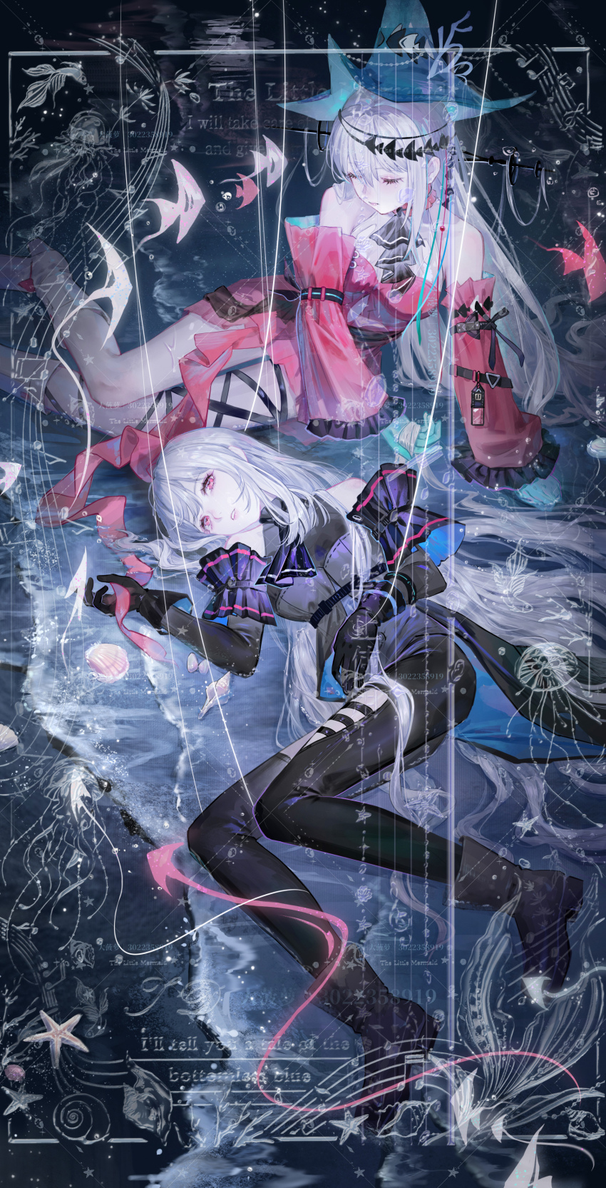 2girls absurdres angelfish aqua_gloves aqua_hat arknights ascot bare_shoulders black_ascot black_gloves boots breasts closed_eyes closed_mouth clothing_cutout crf detached_sleeves dress dual_persona english_text fish full_body gloves hair_between_eyes hair_ornament hair_ribbon hat highres holding holding_another&#039;s_hair jellyfish leg_ribbon lips long_hair long_sleeves looking_at_viewer lying medium_breasts moonlight multiple_girls musical_note navel_cutout night no_headwear official_alternate_costume on_back on_floor parted_lips pointy_hat red_dress red_eyes red_sleeves ribbon seashell shell shirt skadi_(arknights) skadi_the_corrupting_heart_(arknights) starfish thigh_cutout tropical_fish very_long_hair wading water waves white_hair