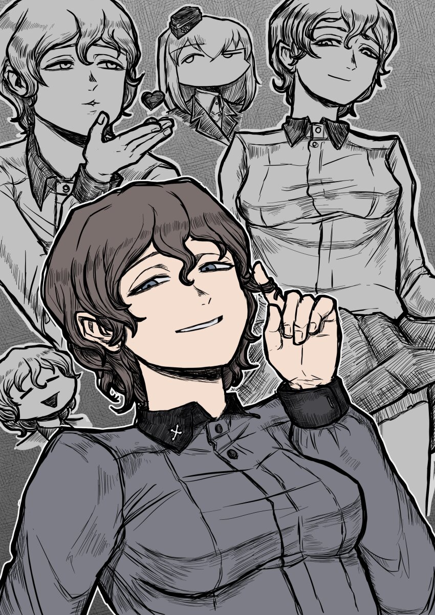 2girls absurdres akaboshi_koume blowing_kiss breasts brown_hair chibi girls_und_panzer grey_background greyscale hat heart highres insignia itsumi_erika kuromorimine_military_uniform limestone_(artist) looking_at_viewer medium_breasts military_hat monochrome multiple_girls open_mouth playing_with_own_hair school_uniform short_hair