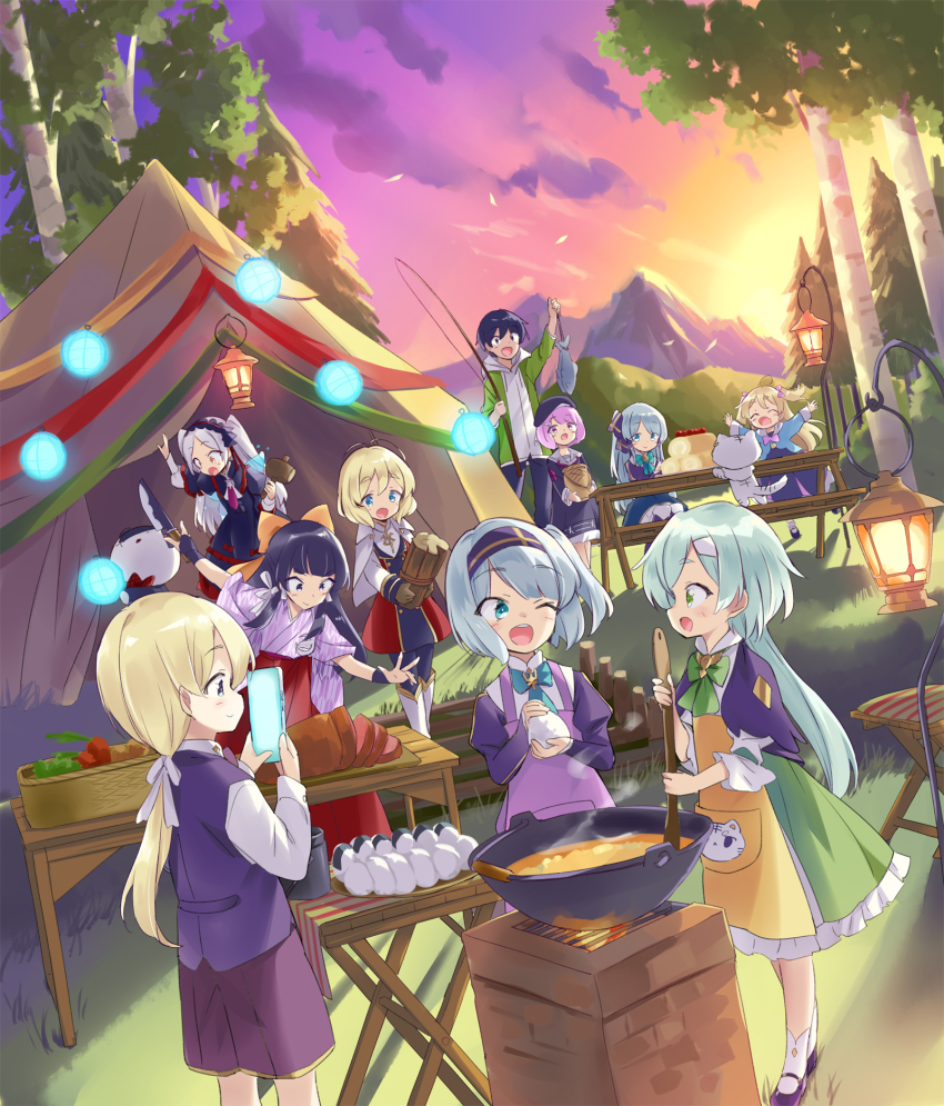 1boy black_hair blonde_hair blue_eyes blush camping camping_chair cellphone cooking dress forest green_eyes hairband highres isekai_wa_smartphone_to_tomo_ni. kohaku_(isekai_wa_smartphone_to_tomo_ni.) long_hair mochizuki_touya multiple_girls nature open_mouth outdoors phone portable_stove princess short_hair skirt smartphone smile tent tiger tree usatsuka_eiji very_long_hair white_tiger
