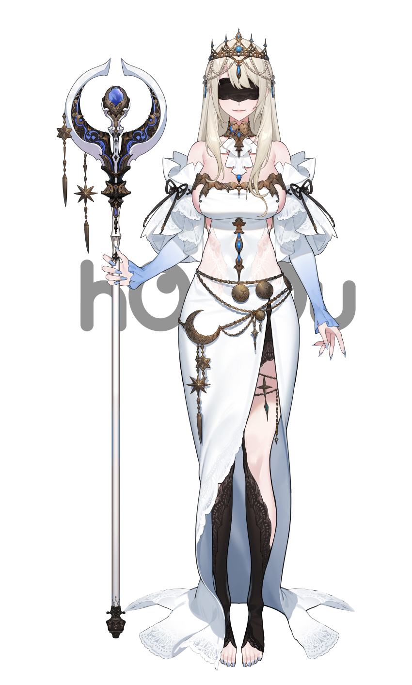 1girl absurdres artist_request ascot bare_shoulders belly_chain black_boots blindfold blonde_hair blue_nails boots breasts closed_mouth clothing_cutout copyright_name covered_eyes crescent crown detached_sleeves dress frilled_sleeves frills full_body highres holding holding_staff houou_project impossible_clothes impossible_dress incredibly_absurdres jewelry knee_boots lace-trimmed_boots lace_trim large_breasts logo long_dress long_hair long_sleeves nail_polish official_art open-toe_boots pencil_dress side_cutout side_slit sideboob slyvia_(houou_project) smile solo staff star_ornament strapless strapless_dress tachi-e toenail_polish toenails virtual_youtuber white_ascot white_background white_dress white_sleeves