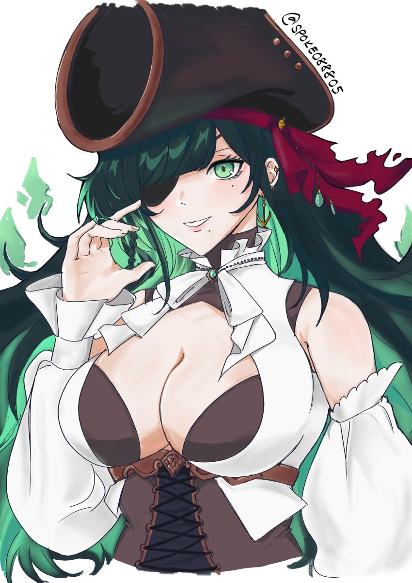 1girl absurdres anchor_earrings bicorne black_hair black_hat breasts brown_corset cersea_soulstorm cleavage colored_inner_hair corset earrings eyepatch green_eyes green_hair hat highres chromashift jewelry large_breasts long_sleeves mole mole_under_eye mole_under_mouth multicolored_hair pirate red_ribbon ribbon solo twitter_username upper_body virtual_youtuber wren_(spoke088805)