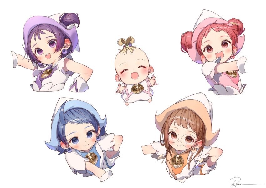 5girls ahoge baby blonde_hair blue_dress blue_eyes blue_hair brown_eyes brown_hair double_bun dress earrings fortissimo fujiwara_hazuki glasses gloves hair_bun hair_ornament hair_through_headwear harukaze_doremi hat jewelry long_hair magical_girl makihatayama_hana medium_hair multiple_girls musical_note musical_note_hair_ornament ojamajo_doremi one_side_up orange_dress pink_dress purple_eyes purple_hair red_eyes red_hair rope round_eyewear ryota_(ry_o_ta) segawa_onpu senoo_aiko short_hair short_sleeves sphere_earrings white_dress white_gloves white_hat white_rope witch_hat