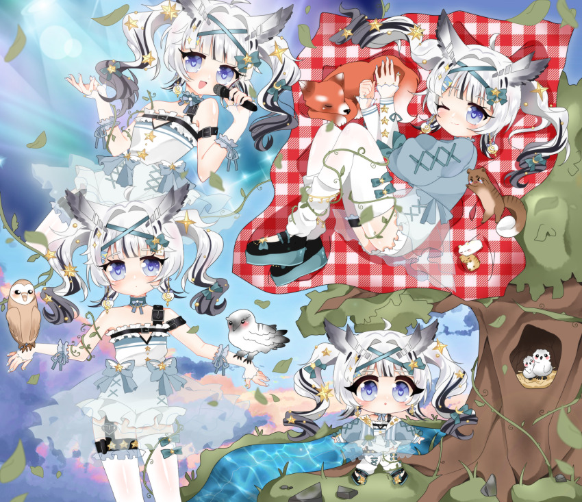 ahoge bare_shoulders bird blue_eyes breasts fox hair_ornament hair_ribbon highres indie_virtual_youtuber leg_warmers mikazuki_silvi owl owl_ears owl_girl powderpuff ribbon skirt small_breasts squirrel twintails virtual_youtuber