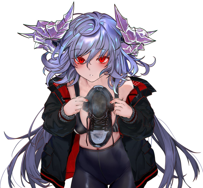 1girl absurdres blue_hair blush highres horns leggings long_hair looking_at_viewer original parted_lips red_eyes shoes single_shoe sports_bra steam transparent_background unworn_shoes yingxiong_wang_mimi