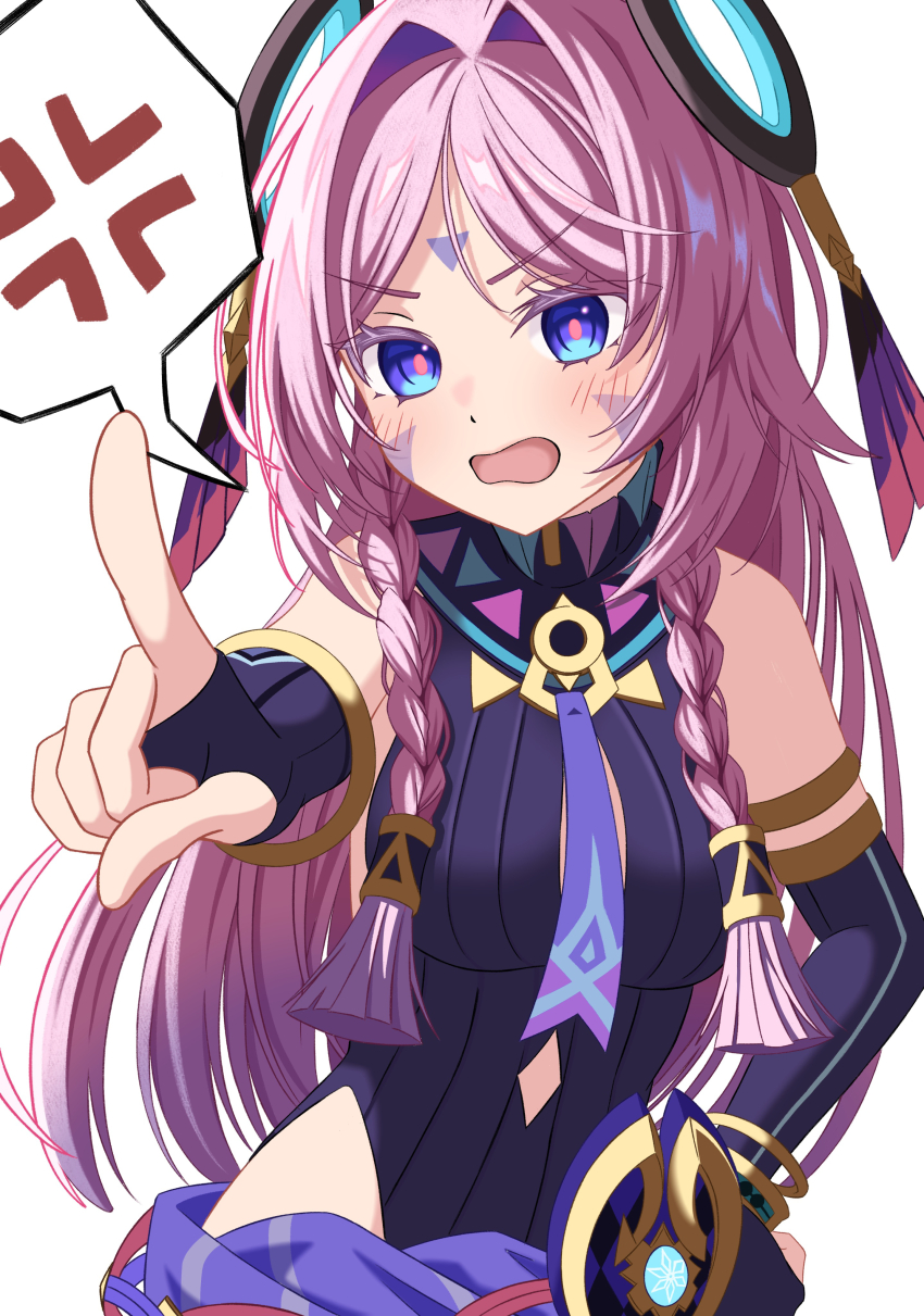 1girl absurdres anger_vein arm_warmers black_arm_warmers black_leotard black_shorts blue_eyes blush braid breasts citlali_(genshin_impact) cowboy_shot facial_mark facing_viewer floating_headgear forehead_mark genshin_impact gold_armlet hair_intakes headgear highres leotard long_hair medium_breasts open_mouth parted_bangs pink_hair pink_pupils pointing purple_skirt ribbed_leotard ring_hair_ornament seshirun shorts side_braid simple_background skirt solo spoken_anger_vein triangle triangle_facial_mark twin_braids vision_(genshin_impact) white_background