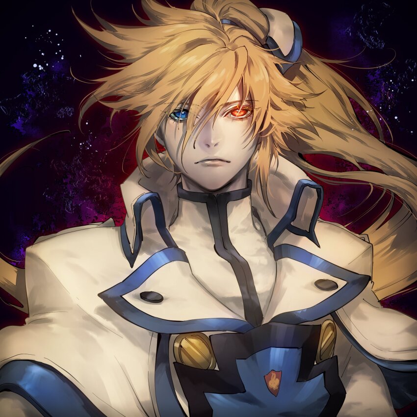 1boy absurdly_long_hair blonde_hair blue_trim closed_mouth coat collared_coat commentary_request guilty_gear guilty_gear_xrd hair_between_eyes heterochromia high_collar highres kin_mokusei ky_kiske long_hair looking_at_viewer male_focus ponytail solo space star_(sky) upper_body very_long_hair white_coat