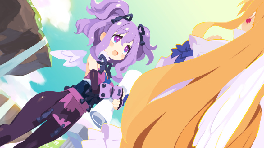2girls angel angel_wings ceefore_(disgaea) celestia_(disgaea) disgaea earrings floating_island flonne flonne_(archangel) from_behind hair_between_eyes harada_takehito heart heart_earrings highres jewelry long_sleeves makai_senki_disgaea_7 multiple_girls official_art purple_eyes purple_hair sky smile water waterfall wings