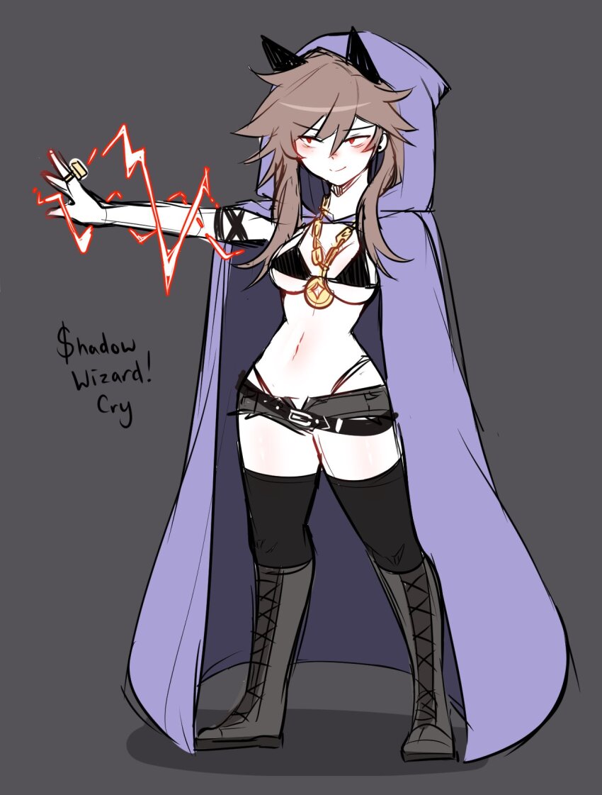amulet animal_ears boots bra brown_hair cloak cry_(crydiaa) crydiaa_(artist) denim denim_shorts electricity highres hood hooded_cloak jewelry knee_boots meme red_eyes ring shorts thighhighs underwear wolf_ears wolf_girl