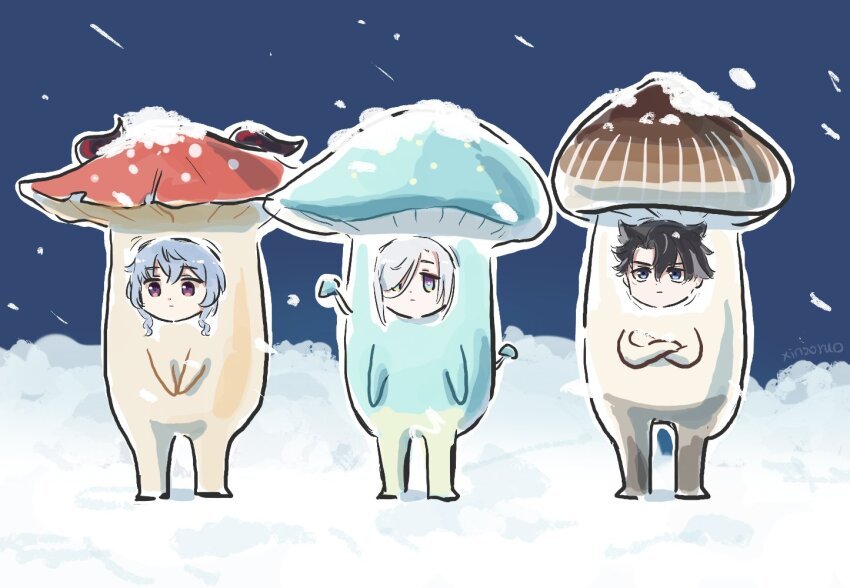 1boy 2girls :| alternate_costume arms_at_sides artist_name black_hair blue_eyes blue_hair chibi chibi_only closed_mouth crossed_arms full_body ganyu_(genshin_impact) genshin_impact grey_hair hair_ears hair_over_one_eye horns legs_apart multicolored_eyes multicolored_hair multiple_girls mushroom_costume purple_eyes shenhe_(genshin_impact) snow snowing standing two-tone_hair v_arms wriothesley_(genshin_impact) xinzoruo