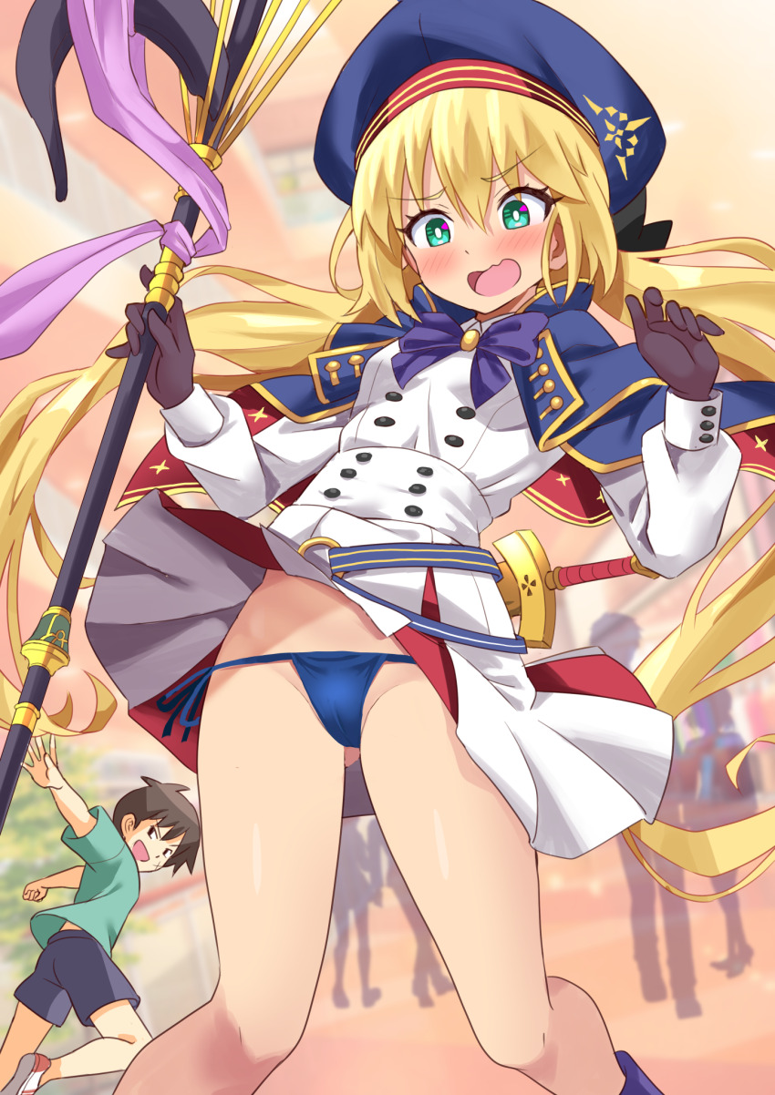 1boy 1girl artoria_caster_(fate) artoria_caster_(second_ascension)_(fate) artoria_pendragon_(fate) bare_legs belt blonde_hair blue_belt blue_capelet blue_hat blue_panties blush bow breasts bright_pupils buttons capelet clothes_lift dress dress_lift fate/grand_order fate_(series) flustered gloves green_eyes groin hair_ribbon hat highres holding holding_staff long_hair long_sleeves o-ring o-ring_belt open_mouth panties purple_bow ribbon shimouki_izui short_dress side-tie_panties skirt skirt_flip small_breasts staff staff_of_selection_(fate) standing striped_belt sword underwear upskirt w_arms weapon white_dress white_pupils