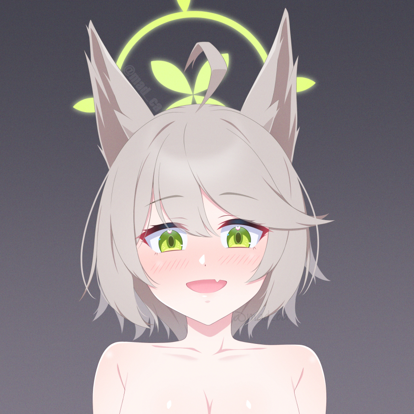1girl :d ahoge animal_ears blue_archive blush breasts brown_hair cleavage collarbone commentary english_commentary eyelashes eyes_visible_through_hair fang film_grain fox_ears fox_girl green_eyes green_halo grey_background hair_between_eyes halo heart heart_in_eye highres madoka_(user_zrnk8278) open_mouth otogi_(blue_archive) portrait short_hair simple_background skin_fang smile solo swept_bangs symbol_in_eye tsurime twitter_username watermark