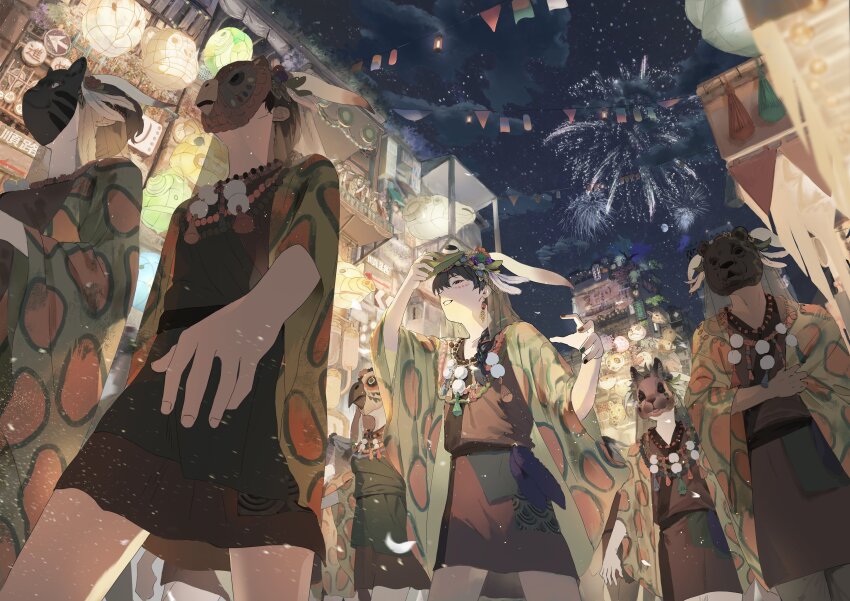 1boy 6+others absurdres aerial_fireworks animal_ears arms_at_sides arrow_(symbol) awning bead_necklace beads bear_mask bird_mask black_hair black_nails black_tunic braid braided_ponytail breasts cat_mask chakotata clothes_grab cloud covered_face cowboy_shot earrings facial_mark fake_animal_ears falling_feathers feather_hair_ornament feathers festival fireworks from_below hair_ornament hair_over_shoulder hands_up highres holding holding_mask jacket jewelry lantern light_particles long_hair looking_away marching mask mask_lift medium_breasts multiple_others necklace night night_sky original outdoors paper_lantern pom_pom_(clothes) print_jacket rabbit_ears rabbit_mask railing road_sign sash school_uniform see-through_clothes sheep short_hair sign single_braid sky smile solo_focus string_of_flags tassel themed_object tunic veil walking