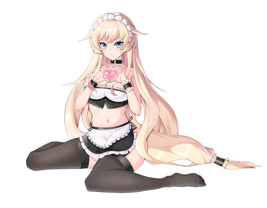 1girl absurdres alternate_costume apron bandeau black_bandeau black_thighhighs blonde_hair blue_eyes breasts choker duotianshi.nian enmaided enterprise_(warship_girls_r) frilled_apron frilled_choker frills hair_flaps heart heart_hands highres large_breasts long_hair low-tied_long_hair maid maid_apron maid_headdress multicolored_bandeau multicolored_clothes navel sitting solo thighhighs two-tone_bandeau very_long_hair waist_apron wariza warship_girls_r white_apron white_bandeau
