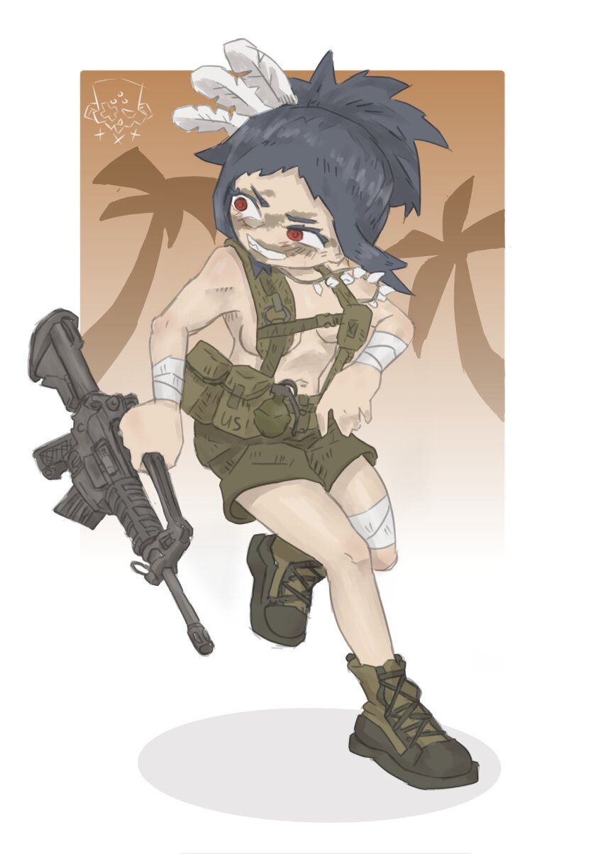 1girl ammunition_pouch assault_rifle black_hair explosive grenade gun highres holding holding_gun holding_weapon load_bearing_vest m16 mr_banzai nude original pouch red_eyes rifle shorts solo topless_female weapon