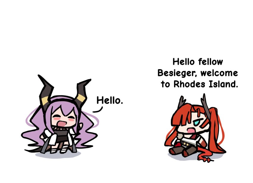 2girls aqua_eyes arknights black_hairband black_horns black_shirt blush_stickers chibi closed_eyes commentary dragon_girl english_commentary english_text full_body hairband highres horn_hairband horns jacket long_hair looking_at_another multiple_girls open_mouth purple_hair red_hair shirt shura_(shura_cs) simple_background sitting smile standing toddifons_(arknights) twintails typhon_(arknights) white_background white_jacket