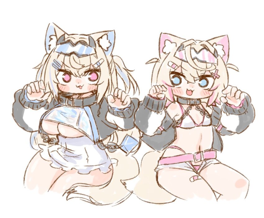 2girls adapted_costume animal_ear_fluff animal_ears bikini black_jacket blue_hair blush_stickers breasts chibi claw_pose cowboy_shot dog_ears dog_girl dog_tail dress flat_chest fuwawa_abyssgard fuwawa_abyssgard_(1st_costume) hololive hololive_english jacket large_breasts long_hair mococo_abyssgard mococo_abyssgard_(1st_costume) multicolored_hair multiple_girls nekoyama off_shoulder pink_bikini pink_hair short_hair short_shorts shorts siblings simple_background sisters streaked_hair swimsuit tail twins two-tone_hair two_side_up underboob virtual_youtuber white_background white_dress white_shorts