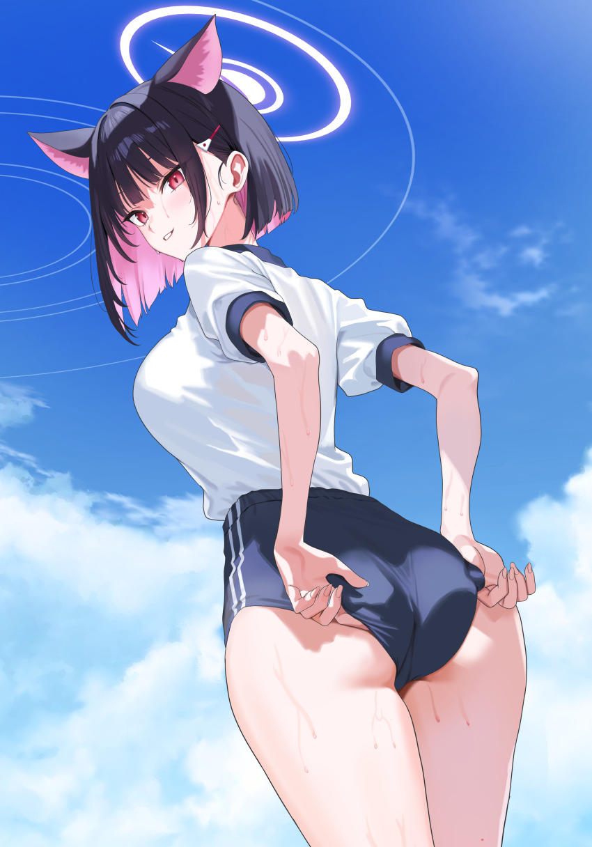 1girl absurdres adjusting_buruma adjusting_clothes alternate_breast_size alternate_costume animal_ears ass black_hair blue_archive blue_buruma blue_sky blunt_ends breasts buruma cat_ears cat_girl cloud cloudy_sky colored_inner_hair commission day extra_ears gym_uniform hair_ornament hairclip halo hidis0086 highres kazusa_(blue_archive) large_breasts multicolored_hair pink_eyes pink_hair pink_halo pixiv_commission shirt shirt_tucked_in short_hair short_sleeves sky smile solo sweat thighs two-tone_hair white_shirt