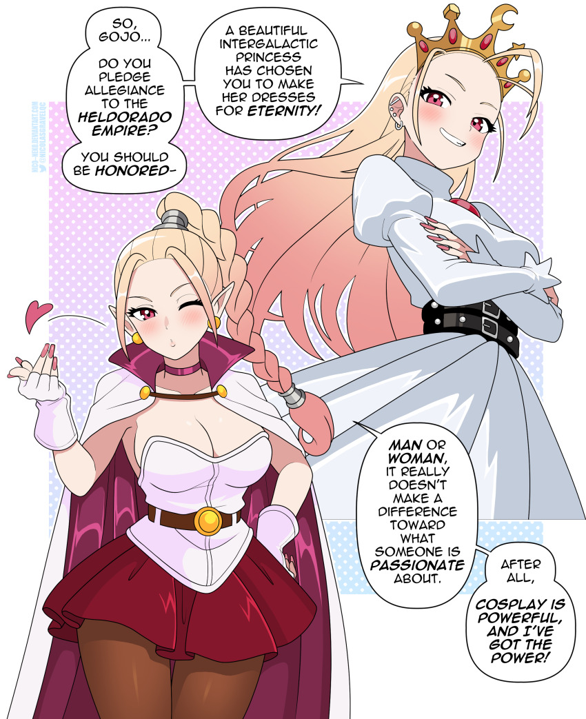 1girl absurdres artist_name belt black_belt blonde_hair blowing_kiss braid braided_ponytail breasts brown_pantyhose cape choker chrono_trigger cleavage commentary cosplay crossed_arms cyberbots devilot_de_deathsatan_ix devilot_de_deathsatan_ix_(cosplay) dress ear_piercing earrings english_commentary english_text fingerless_gloves flea_(chrono_trigger) flea_(chrono_trigger)_(cosplay) gloves gold_tiara grin hand_on_own_hip highres jewelry kitagawa_marin large_breasts long_hair long_sleeves looking_at_viewer multiple_views nico-neko one_eye_closed pantyhose piercing pink_eyes puffy_sleeves red_skirt skirt smile solo sono_bisque_doll_wa_koi_wo_suru speech_bubble twitter_username white_dress white_gloves