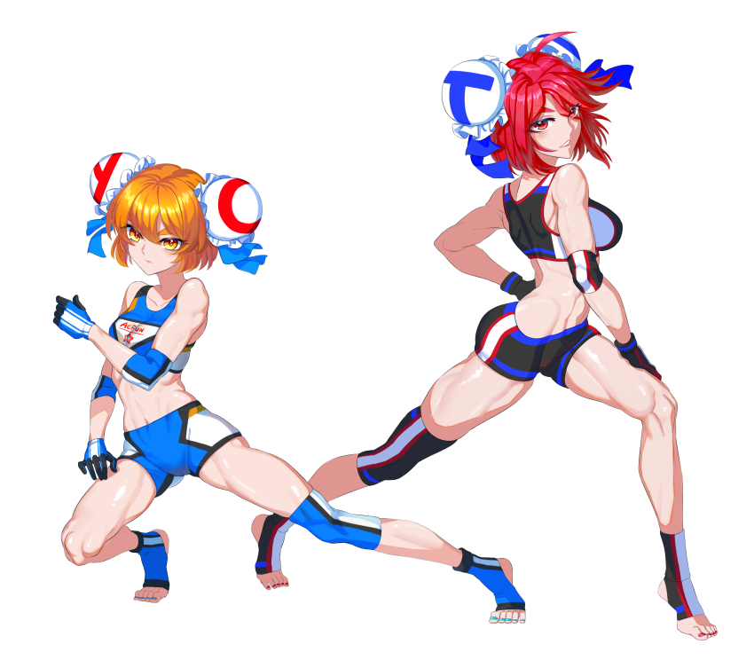 2girls absurdres acfun acfun_girl ahoge bandaid bandaid_on_knee bandaid_on_leg bare_shoulders black_footwear black_shorts black_sports_bra blonde_hair blue_bow blue_gloves blue_nails bow bun_cover closed_mouth collarbone copyright_name double_bun elbow_pads full_body gloves grey_background grin hair_between_eyes hair_bow hair_bun hand_on_own_hip hand_on_own_thigh highres knee_pads looking_at_viewer lunge lyon5 micro_shorts midriff multiple_girls navel red_eyes red_hair red_nails short_hair shorts single_bare_arm single_bare_leg single_knee_pad smile sports_bra swept_bangs td_girl thick_eyebrows toeless_footwear toned v-shaped_eyebrows white_background white_shorts white_sports_bra yellow_eyes