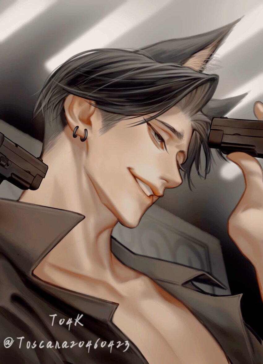 1boy 2others animal_ears artist_name black_hair black_shirt cat_ears clothes_pull collarbone commentary earrings english_commentary gun half-closed_eyes handgun highres holding holding_gun holding_weapon jewelry looking_at_another looking_to_the_side male_focus multiple_others original parted_lips pectorals shirt shirt_pull short_hair sig_p220/p226 sig_sauer smile solo_focus teeth toscana20460423 twitter_username weapon