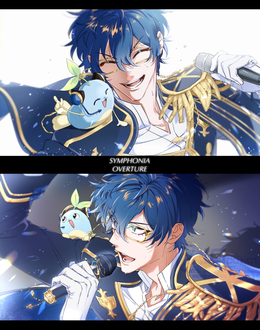 1boy absurdres animal animal_on_shoulder aqua_eyes blue_hair closed_eyes epaulettes flying_sweatdrops gagake_v glasses gloves hair_between_eyes headset highres holding holding_microphone leos_vincent male_focus mameneko_(leos_vincent) microphone nijisanji nijisanji_idol_uniform open_mouth shirt short_hair single_epaulette smile sweat teeth upper_body virtual_youtuber white_gloves white_shirt yellow-framed_eyewear