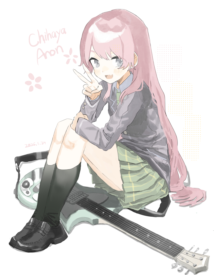 1984_(cw1000110) 1girl absurdres bang_dream! bang_dream!_it&#039;s_mygo!!!!! black_shoes black_socks blazer character_name chihaya_anon chinese_commentary collared_shirt commentary_request fang full_moon green_necktie green_skirt grey_eyes grey_jacket guitar hand_up haneoka_school_uniform highres instrument jacket kneehighs lapels loafers long_hair long_sleeves looking_at_viewer moon necktie notched_lapels open_mouth pink_hair pleated_skirt school_uniform shirt shoes simple_background sitting skin_fang skirt smile socks solo straight_hair v very_long_hair white_background white_shirt