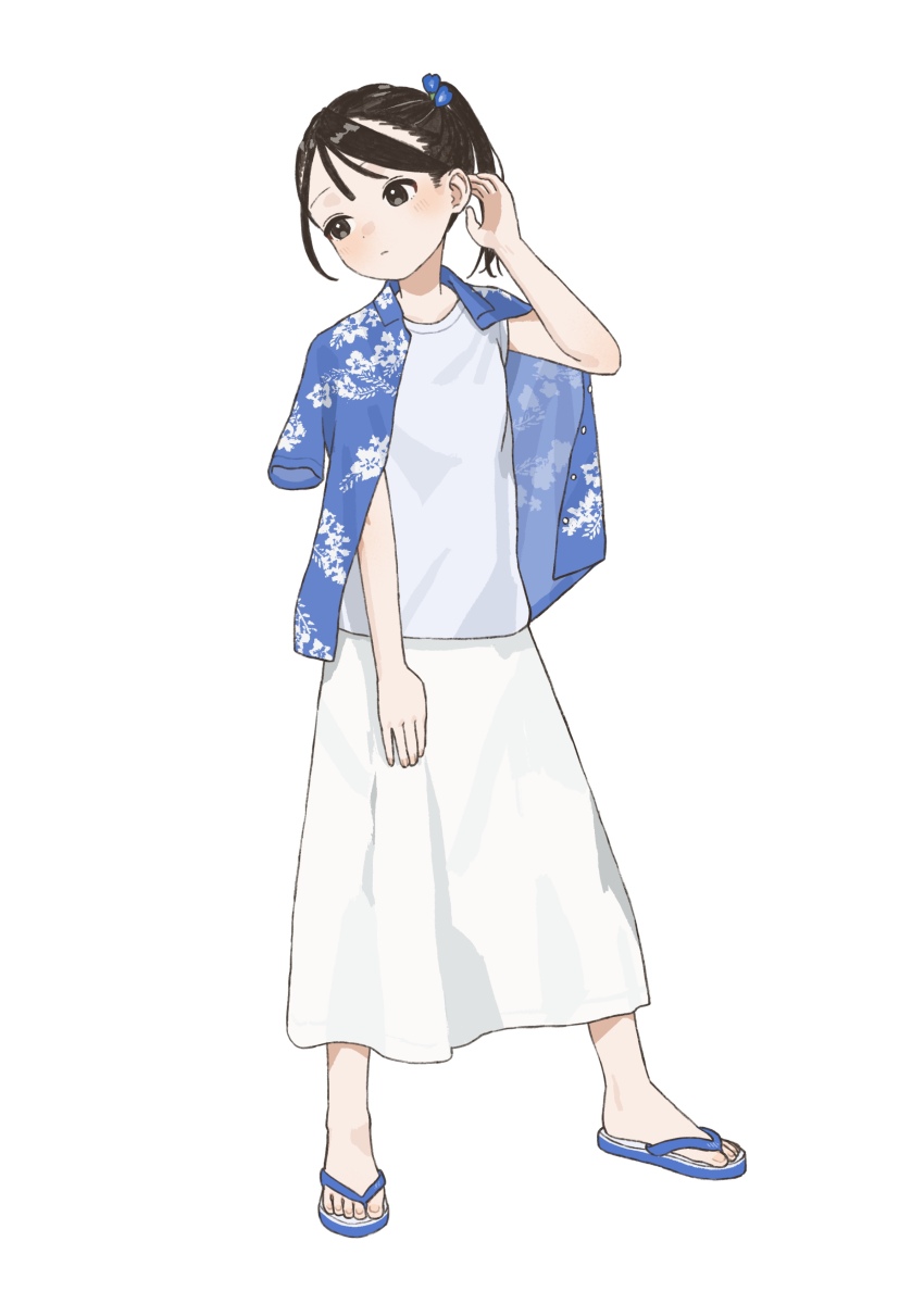 1girl absurdres adjusting_hair black_eyes black_hair blue_shirt blue_shoes closed_mouth commentary_request floral_print full_body hand_up highres kariyushi_shirt looking_to_the_side mashiro_ka original print_shirt sandals shirt shirt_on_shoulders shoes side_ponytail simple_background skirt solo standing white_background white_shirt white_skirt