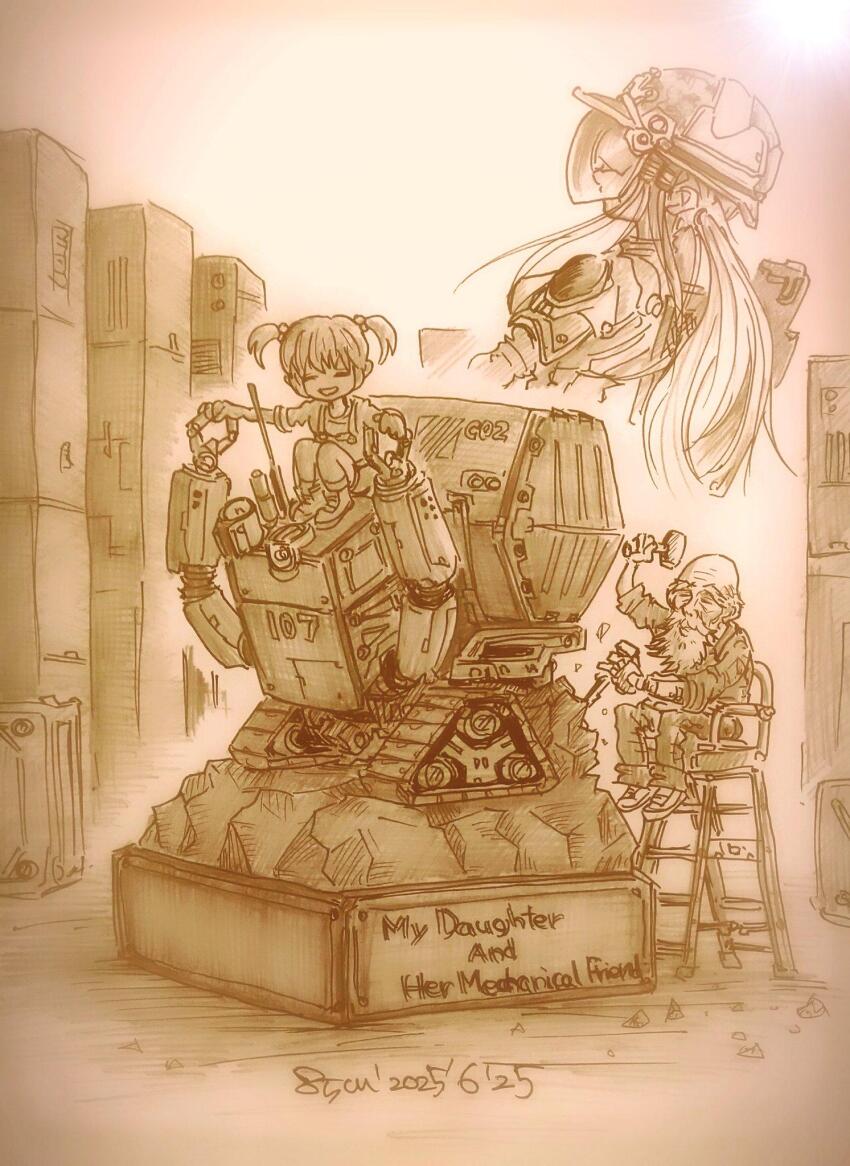 1boy 1girl 85cm85cm =_= arm_up arms_up art_(nikke) artist_name bald bear carving caterpillar_tracks chair chisel com_(nikke) computer dated face_shield from_behind goddess_of_victory:_nikke gun hair_bobbles hair_ornament hammer helmet hermin_(nikke) highres ladder long_hair mechanical_arms monochrome outstretched_arms pedestal plaque projected_inset robot sepia shirt shoes short_hair shorts shoulder_pads simple_background sitting sitting_on_robot sleeves_rolled_up smile soldier_fa_(nikke) spread_arms statue t-shirt twintails upper_body weapon