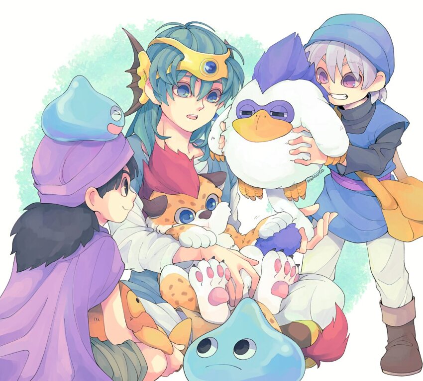 29qmatatavi 3boys aged_down bag black_hair black_shirt black_undershirt blue_eyes blue_hat blue_tunic boots borongo brown_footwear cape circlet cloak commentary_request dragon_quest dragon_quest_iv dragon_quest_monsters dragon_quest_monsters:_terry&#039;s_wonderland dragon_quest_v green_hair green_tunic grey_hair grin hammerhood_(dragon_quest) hat hero_(dq4) hero_(dq5) indian_style long_hair looking_at_another medium_hair multiple_boys open_mouth pants platypunk purple_cape purple_cloak purple_eyes shirt short_hair shoulder_bag sitting slime_(dragon_quest) smile standing terry_(dq6) tunic white_pants white_shirt