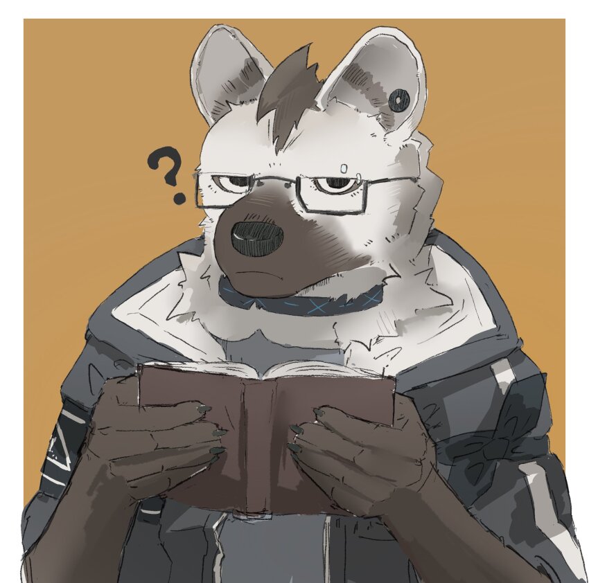 1boy ? arknights black_hair black_jacket book claws closed_mouth commentary_request ear_piercing eyebrow_piercing face_piercing furry furry_male glasses grey_fur grey_shirt highres holding holding_book hood hood_down hooded_jacket hyena_boy hyena_ears infection_monitor_(arknights) jacket looking_at_viewer open_book piercing shirt spot_(arknights) w_a_t_e_r_b_e_d