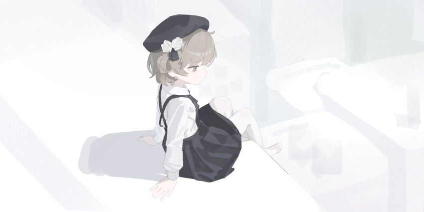 1girl ar2a arm_support black_ribbon black_skirt brown_eyes brown_hair building collared_shirt flower from_above from_side full_body hair_flower hair_ornament hair_ribbon hatoba_tsugu highres knee_up ledge long_sleeves looking_down no_shoes on_rooftop pantyhose profile ribbon rose shadow shirt short_hair sitting skirt solo suspender_skirt suspenders tsugu_(vtuber) virtual_youtuber white_background white_flower white_pantyhose white_rose white_shirt