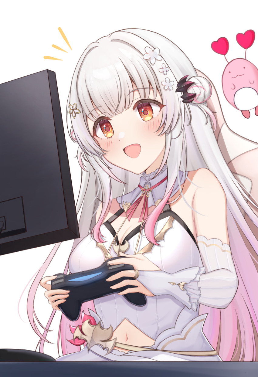 1girl :d absurdres bare_shoulders blush breasts bridal_gauntlets choppy_bangs clothing_cutout commentary_request controller daysss double_bun dualsense flower game_controller gloves gradient_hair grey_hair hair_bun hair_flower hair_ornament halterneck highres holding holding_controller holding_game_controller indie_virtual_youtuber kanikama_(suou_patra) large_breasts long_hair looking_at_screen multicolored_hair navel navel_cutout notice_lines official_alternate_costume open_mouth orange_eyes pink_hair playstation_controller side_up_bun sidelocks simple_background skirt smile solo suou_patra suou_patra_(10th_costume) transparent_background virtual_youtuber white_gloves white_skirt