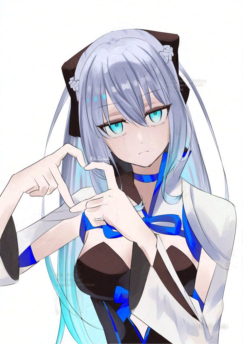 1girl black_bow black_dress blue_eyes bow dress fate/grand_order fate_(series) hair_between_eyes hair_bow highres long_hair long_sleeves looking_at_viewer morgan_le_fay_(fate) morgan_le_fay_(first_ascension)_(fate) simple_background solo white_hair wide_sleeves zumiki