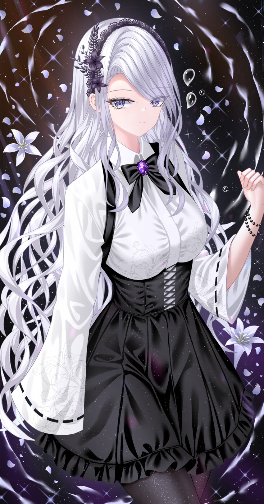 1girl bead_bracelet beads black_bow black_bowtie black_pantyhose black_skirt bow bowtie bracelet breasts brooch collared_shirt commentary cowboy_shot cross-laced_clothes cross-laced_skirt curtained_hair eyelashes eyes_visible_through_hair falling_petals flower frilled_skirt frills grey_flower grey_hair hair_over_one_eye hairband high-waist_skirt highres jewelry lace_hairband large_breasts long_hair long_sleeves looking_at_viewer original pantyhose petals purple_eyes ribbon-trimmed_sleeves ribbon_trim shirt skirt solo space standing star_(sky) suspender_skirt suspenders symbol-only_commentary tina_(tinafya) very_long_hair water_drop white_shirt