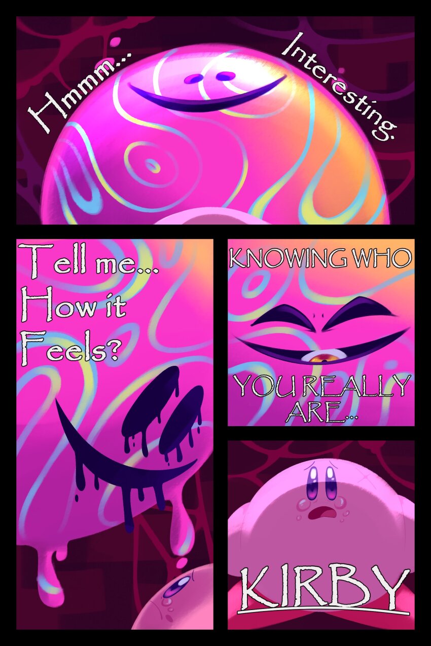 1boy 1other absurdres blush_stickers crying crying_with_eyes_open english_text evil_smile eye_in_mouth highres kirby kirby_(series) kirby_star_allies melting melting_eyes nintendo ooze red_eyes red_footwear scared smile streaming_tears tears the_mad_fanatic void_termina void_termina_(final_core)